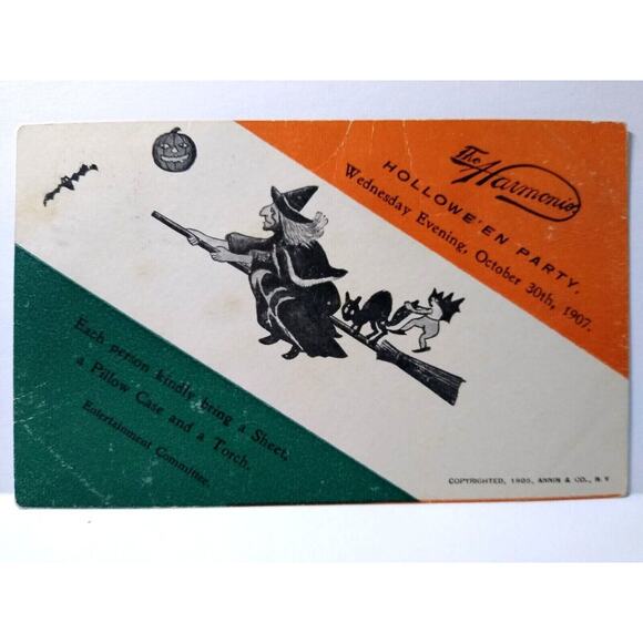 Halloween Party Postcard 1907 Harmonie Club Undivided Witch Goblin Black Cat Bat - Picture 2 of 4